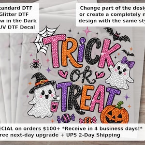 Faux Rhinestone Trick or Treat DTF Printed Transfer - Girly Halloween Pumpkin and Ghost Ready to Press Heat Transfer