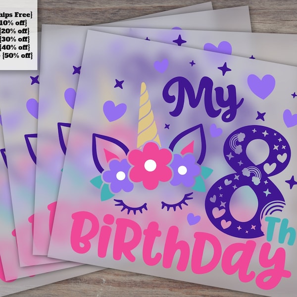 Unicorn 8th Birthday Heat Transfer, Rainbow Horn Birthday Girl T-Shirt Design, DTF Ready-to-Press Unicorn Shirt