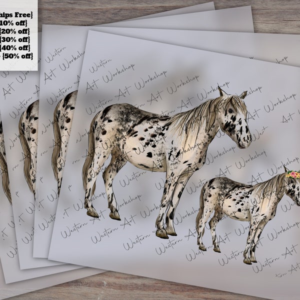 Hand-Drawn Appaloosa Horse Design, Barnyard Animals Art, Ready to Press Heat Transfer for DTF, Unique Horse Clipart