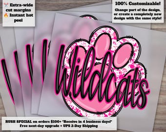 Hand Drawn Wildcats Design for Pink October - Heat Press Football and Paw Print for DTF, Ready to Press