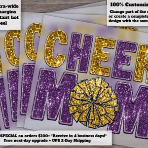 May include: A stack of printed sheets featuring the words "CHEER MOM" in glittery gold and purple. A gold pom-pom graphic is centered below the text. The text "100% Customizable!" is at the top right.