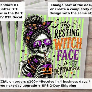 Resting Witch Face Funny Skeleton Halloween DTF Transfer Ready to Press Witchy Striped Shirt Design