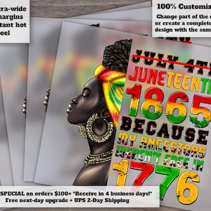Pu&ograve; includere: Diverse stampe raffiguranti il profilo di una donna nera con gioielli dorati e un turbante colorato. Le stampe presentano il testo "Juneteenth 1865 perch&eacute; i miei antenati non erano liberi nel 1776". Le stampe hanno margini di taglio extra-larghi e sono a strappo a caldo istantaneo.