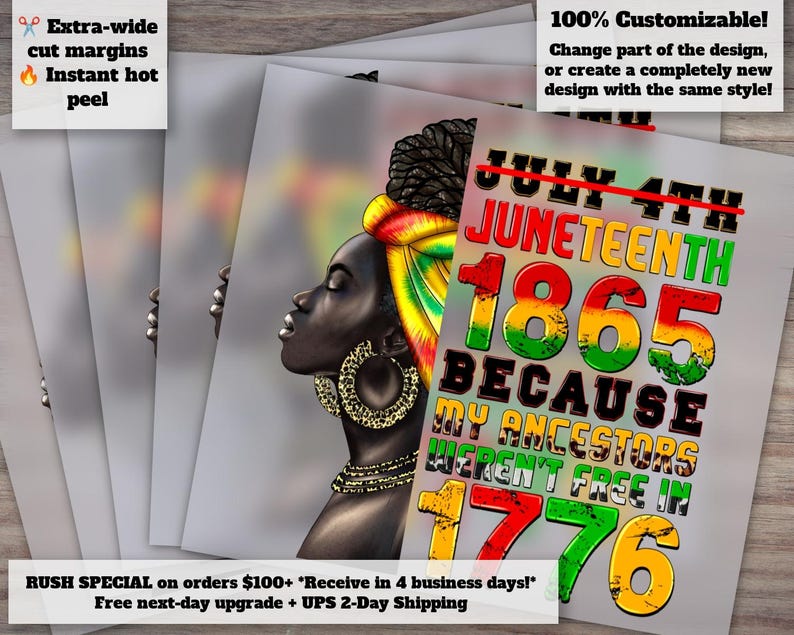 Pu&ograve; includere: Diverse stampe raffiguranti il profilo di una donna nera con gioielli dorati e un turbante colorato. Le stampe presentano il testo "Juneteenth 1865 perch&eacute; i miei antenati non erano liberi nel 1776". Le stampe hanno margini di taglio extra-larghi e sono a strappo a caldo istantaneo.