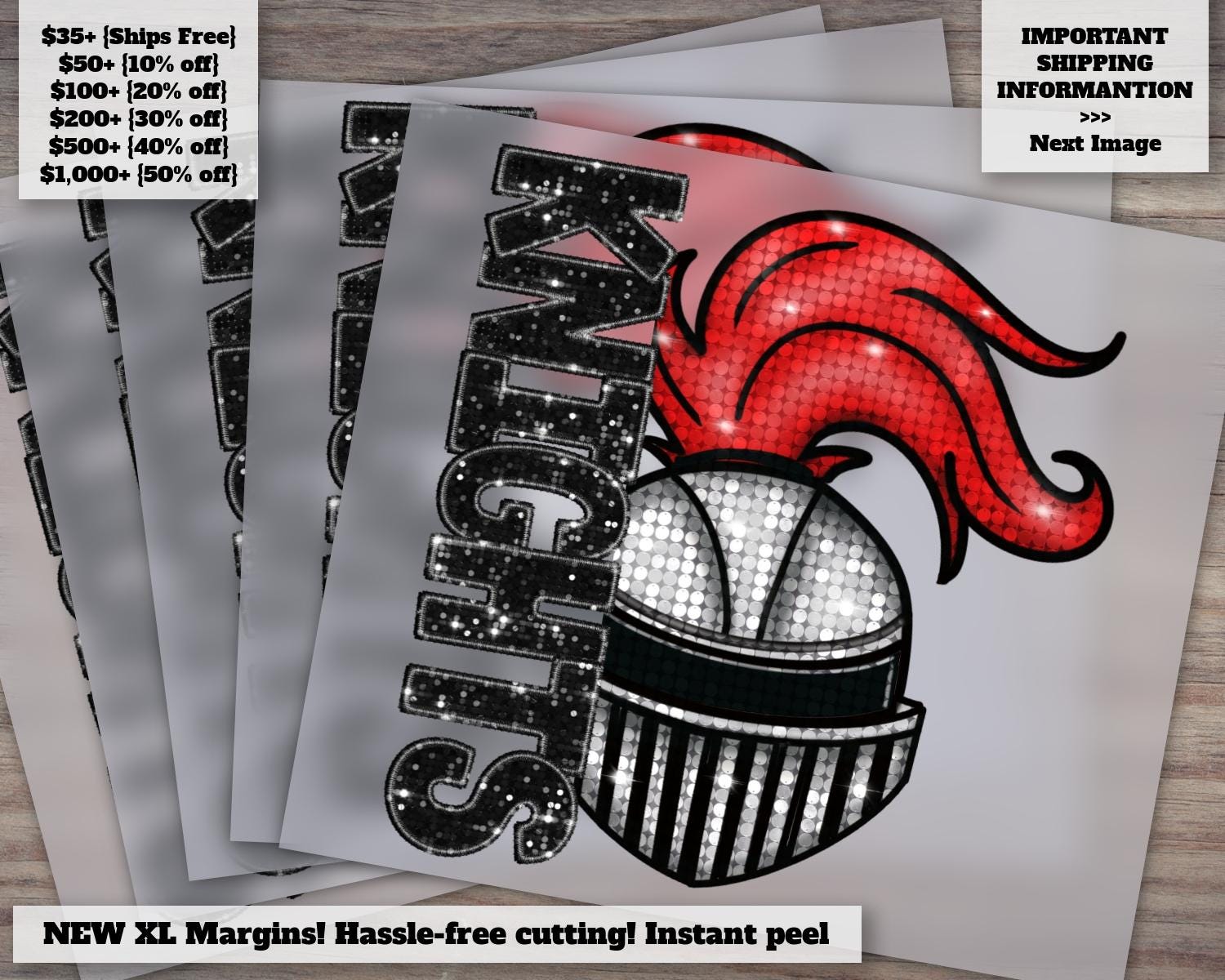 Glitter-Effect Knights Mascot, Ready to Press, School Spirit Heat Transfer, Faux Glitter Knight, DTF