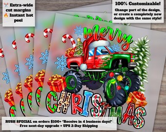 Festive Monster Truck Merry Christmas Design | Sublimation Ready Heat Transfer | DTF Holiday Crusher Truck Art