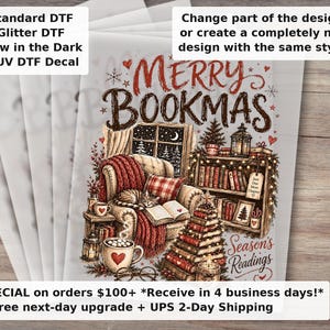 Transferencia térmica Merry Bookmas DTF - Acogedor rincón de lectura navideño con gato amante de los libros vintage, lista para planchar.