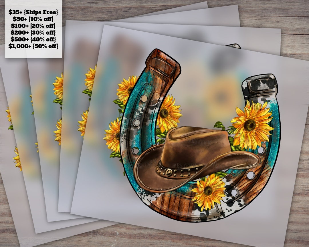 Western Cowboy Hat Horseshoe Design With Sunflower Heat Transfer Ready