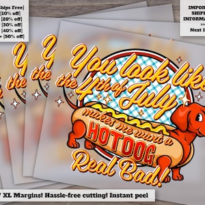 4th of July Dachshund Design, Cute Cartoon Hot Dog, Ready to Press Heat Transfer, DTF - Weiner Humor Comic Look