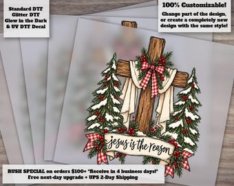 Jesus is the Reason for the Season DTF Transfer | Christian Christmas Cross Ready to Press Heat Transfer