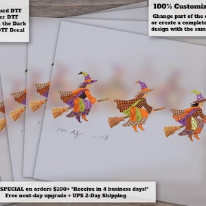 May include: A set of DTF decals featuring a repeating illustration of a witch flying on a broomstick. The witch wears a purple hat, an orange and black checkered cape, and a green and purple patterned skirt. The design includes text overlays.