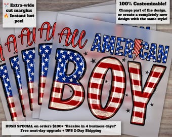 USA Flag Design, All-American Boy Ready-to-Press Heat Transfer, 4th of July DTF - Ideal for Sublimation]]