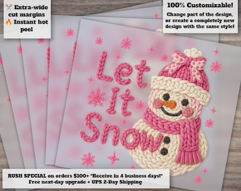 Faux Yarn Let It Snow Cozy Winter Christmas Heat Transfer DTF with Snowman and Tree