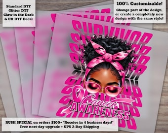May include: A DTF decal transfer featuring a graphic illustration of a person with dark curly hair wearing a pink camouflage headwrap and pink glasses. The background displays the word SURVIVOR in repeating pink text and a pink ribbon with the text Cancer AWARENESS.