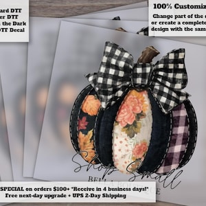 May include: A pumpkin-shaped decal featuring a black and white buffalo check bow on top. The pumpkin segments display varied patterns including orange autumn leaves, floral prints, solid black, and a purple plaid. The text reads Shop Small.