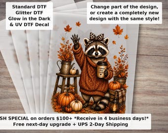 Fall Raccoon , Funny Raccoon Coffee , Cozy Autumn Shirt Design, Feral Animal , Thanksgiving DTF Transfer Ready to Press