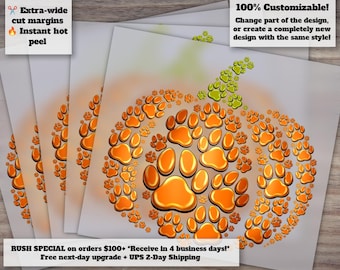 Retro Pumpkin Paw Print | Dog Halloween and Thanksgiving Heat Transfer | Ready to Press DTF Design for Crafts
