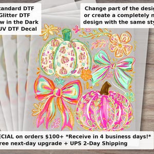 Fall Pumpkin with Preppy Bow DTF Transfer - Coquette Aesthetic Cute Autumn Pumpkin Ready to Press Heat Transfer