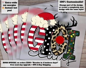 Christmas Gigi Claus - Santa Hat, Reindeer Leopard Design - Ready for Heat Transfer, DTF Press