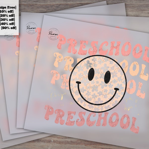 Retro Smiley Face for Pre-School T-Shirt, Back-to-School Floral Design, Ready-to-Press Heat Transfer, DTF