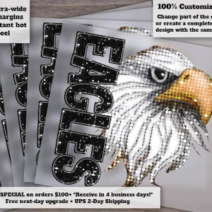 Custom Mascot | Eagles Mascot Glitter Heat Transfer, DTF Ready to Press Design, School Spirit Eagles with Faux Glitter