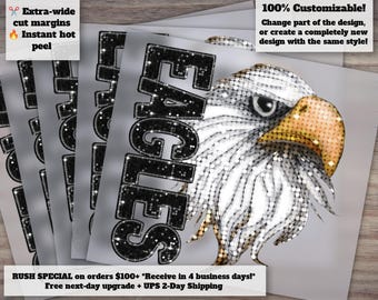 Eagles Mascot Glitter Heat Transfer, DTF Ready to Press Design, School Spirit Eagles with Faux Glitter
