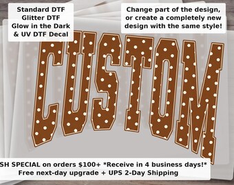 Custom Name , Personalized Fall Shirt Design, Varsity Polka Dot Text , Brown Autumn , Custom Shirt DTF Transfer Ready to Press