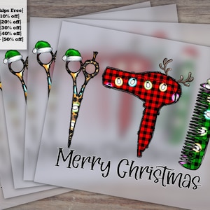 Christmas Hairdresser Heat Transfer - Merry Xmas with Hair Dryer, Scissors, Lights - Buffalo Plaid DTF, Ready to Press Design