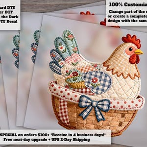 Patchwork Easter Chicken DTF Heat Transfer Farmhouse Cottage Floral Gingham Spring Design