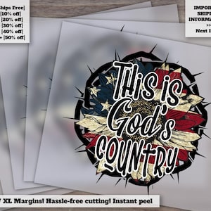 God&#39;s Country USA Sunflower Design, Independence Day, Patriotic Heat Transfer, Ready to Press, DTF, American