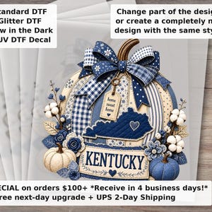 Kentucky Pumpkin Blue Gingham DTF Transfer - Cozy Southern Fall Farmhouse Autumn Ready to Press Heat Transfer