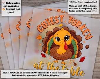 Thanksgiving Kids Shirt Design | Cutest Turkey at the Table | Thankful Turkey Heat Transfer | Blessed DTF Heat Press Graphic