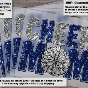Blue and Silver Cheer Mom Glitter Design, Cheerleading Heat Transfer Art, Ready to Press, DTF, Ideal for Embroidery Transfers