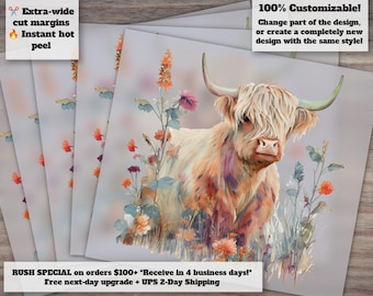 Highland Cow Heat Transfer Designs - Floral Country Western Style Ready-to-Press, Ideal for DTF and Transparent Designs