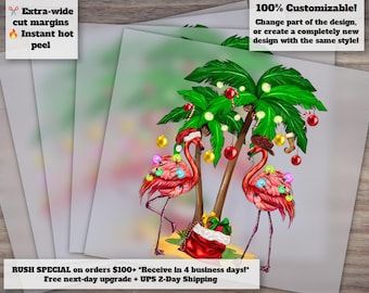 Tropical Christmas Flamingo with Santa Hat and Palm Trees for Heat Transfer | Ready to Press DTF Design