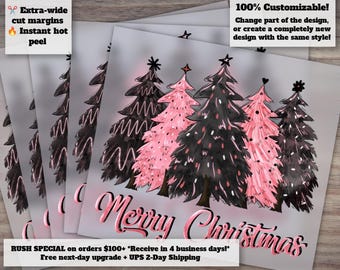 Diseño rosa de Feliz Navidad - Listo para prensar, transferencia térmica, DTF - Diseño festivo navideño y de árbol de Navidad rosa