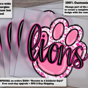 Hand-Drawn Pink Lions Design, Pink Football and Paw Print, October Awareness, Heat Transfer, Ready to Press DTF afbeelding 1