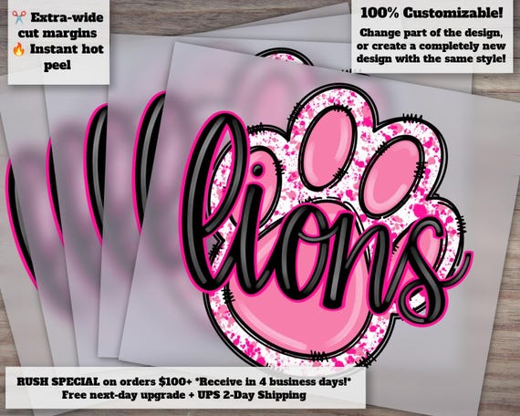 Hand-Drawn Pink Lions Design, Pink Football and Paw Print, October Awareness, Heat Transfer, Ready to Press DTF