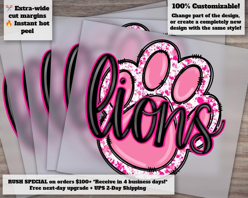 Hand-Drawn Pink Lions Design, Pink Football and Paw Print, October Awareness, Heat Transfer, Ready to Press DTF afbeelding 1
