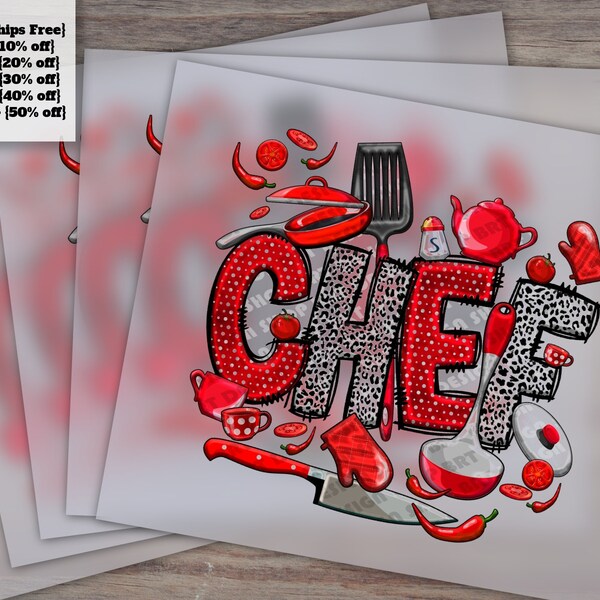 Chef Hat and Tools, Western Cooking Design, Kitchen Accessories, Chef Knife, Ready-to-Press Heat Transfer, DTF Ready, Cuisine Artwork