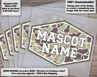 Personalized Mascot Camo Custom Work Transfer, Retro Vintage Varsity School Team Custom Order Ready to Press DTF