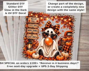 Fall Ghost and Pumpkin Ready to Press DTF Transfer - Spooky Autumn Hello Fall Ghost Halloween Shirt Transfer