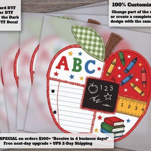 School Apple Faux Patchwork DTF Transfer, ABC Teacher Crayon Books Ruler, Back to School Learning Education Ready to Press
