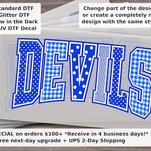May include: A blue and white decal featuring the word DEVILS in a collegiate font. Each letter displays a different pattern, including blue and white gingham checks, white polka dots on a blue background, and vertical blue stripes on a white background.