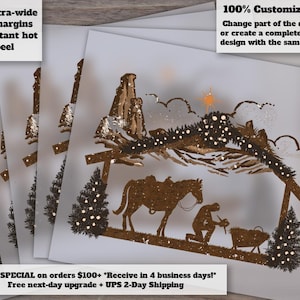Navidad religiosa del Oeste con vaquero y pesebre de vaquero rezando / Transferencia térmica, diseños listos para prensar, DTF, arte del Oeste. imagen 1
