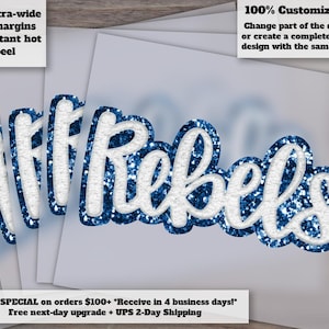 Rebels Hand Drawn Faux Chenille Football Design | Blue and White Rebels Cheer Ready to Press, Heat Transfer, DTF Printable