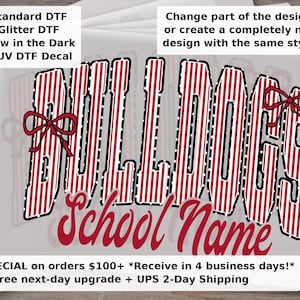 Custom Mascot Name and School Name DTF Transfer | Striped Varsity Letters School Spirit Bow | Ready to Press | Custom Colors