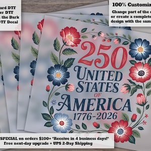 250 Years Freedom Patriotic DTF Heat Transfer Floral USA 1776-2026 July 4th Celebration Design zdjęcie 1