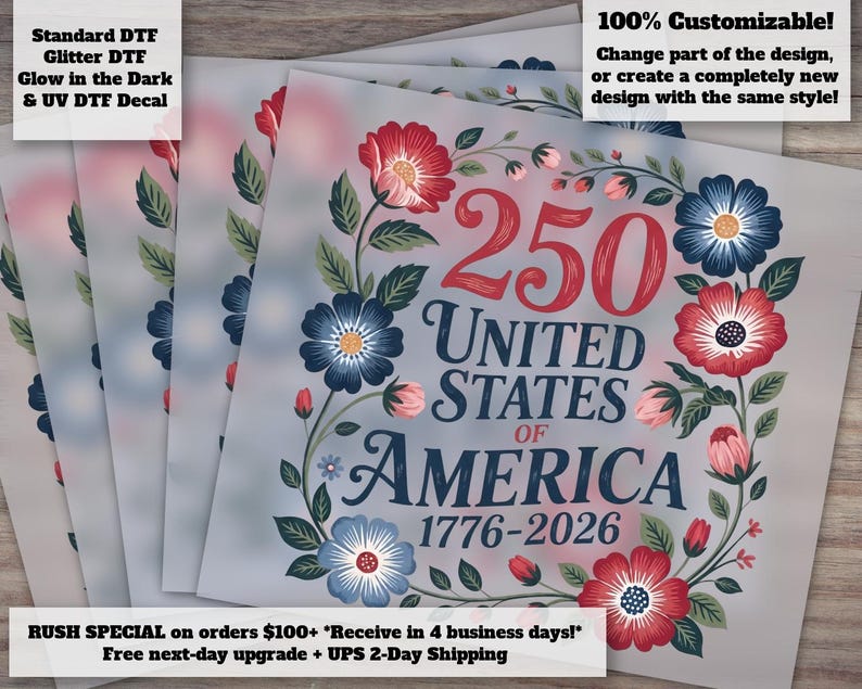 250 Years Freedom Patriotic DTF Heat Transfer Floral USA 1776-2026 July 4th Celebration Design zdjęcie 1
