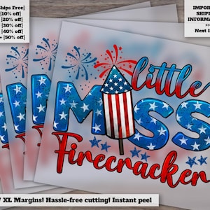 Little Miss Firecracker 4th of July Design, American Flag and Miss America Theme, Independence Day Heat Transfer for DTF, Ready to Press